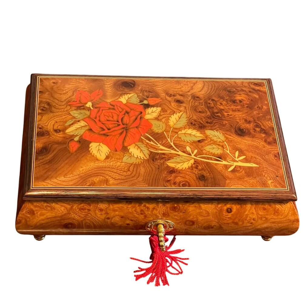 Vintage Reuge Romance Swiss Music Box Roses from the South Inlay Burl Wood‎